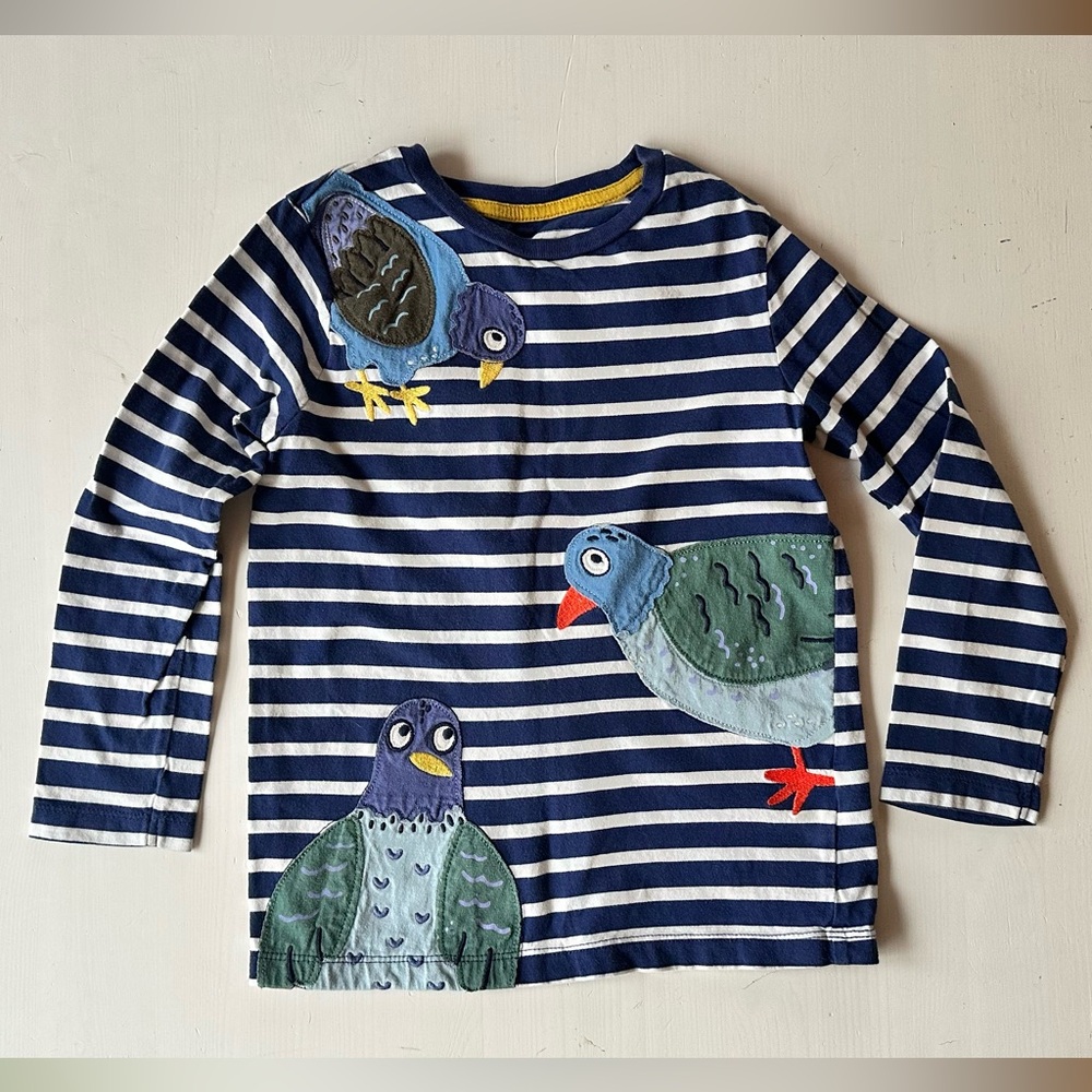 Mini Boden Striped Long Sleeve Shirt with Bird Appliqué